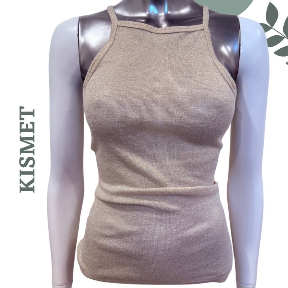 Kismet Shimmer Halter Neck Tank Top | Metallic Gold Beige Size Extra Small
